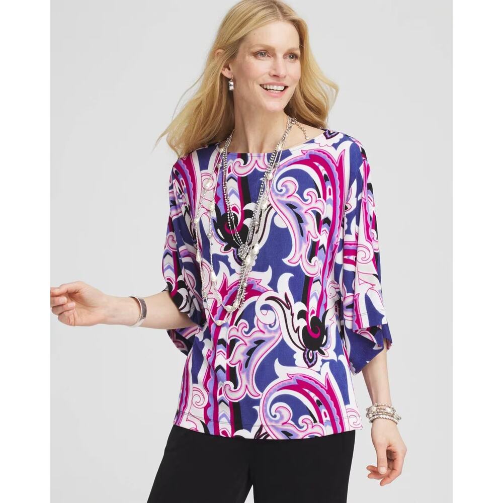 Chico’s Travelers Paisley Kimono-Sleeved Top Purple Clover XL Business Casual